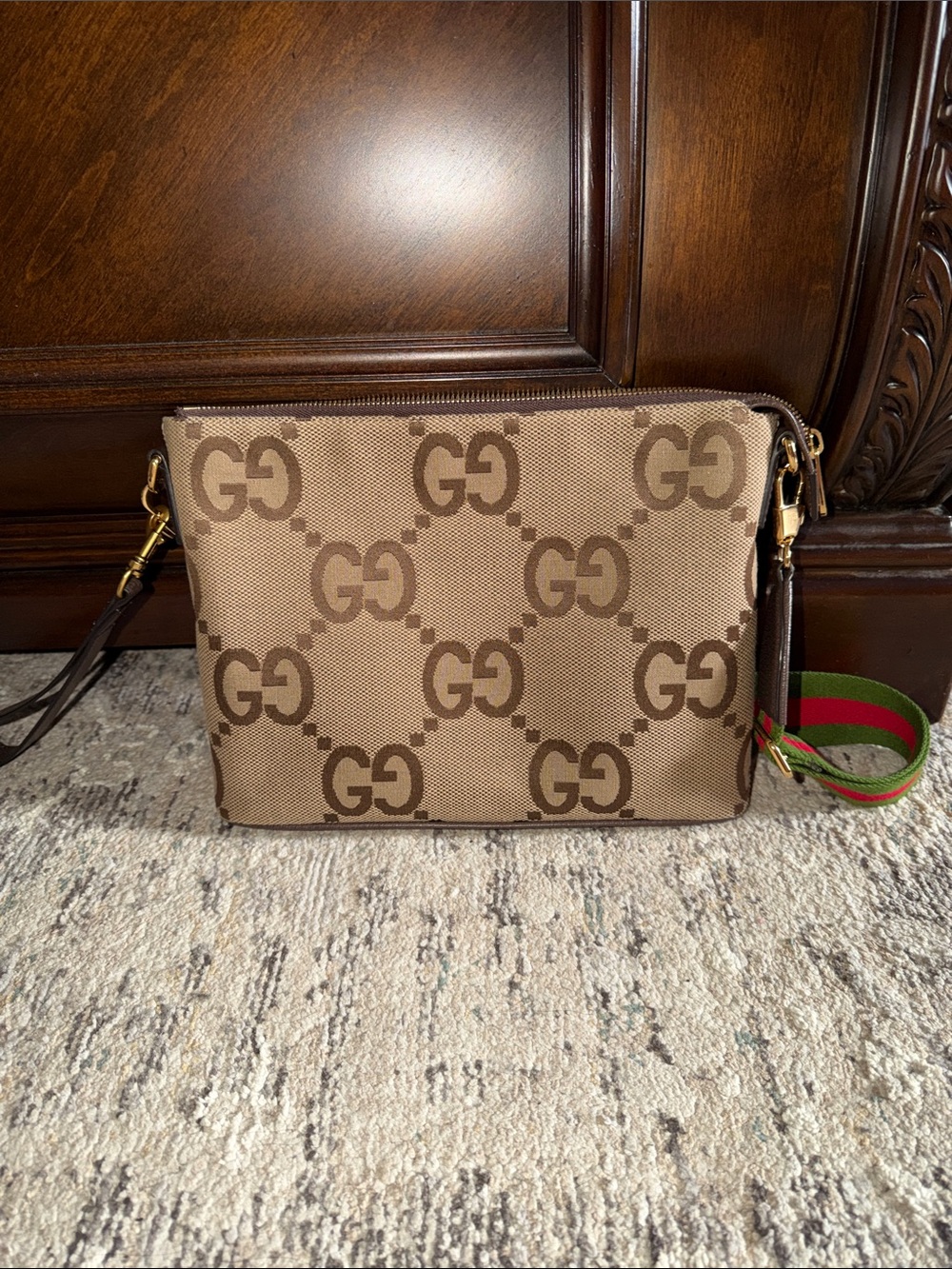 Gucci Beige GG Supreme Canvas Crossbody with Green and Red Web Strap